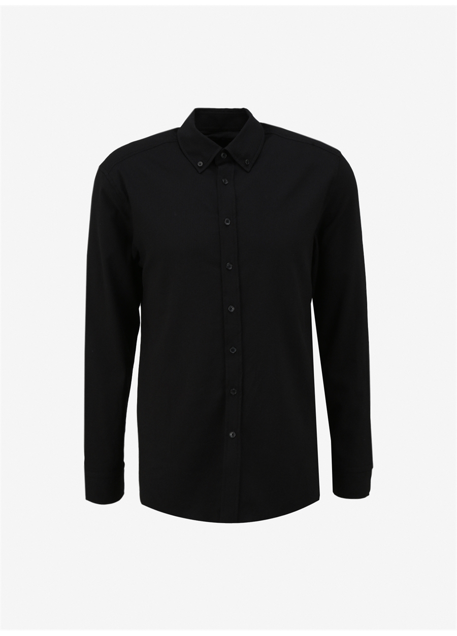 Pierre Cardin Slim Fit Düğmeli Yaka Düz Siyah Erkek Gömlek THIN