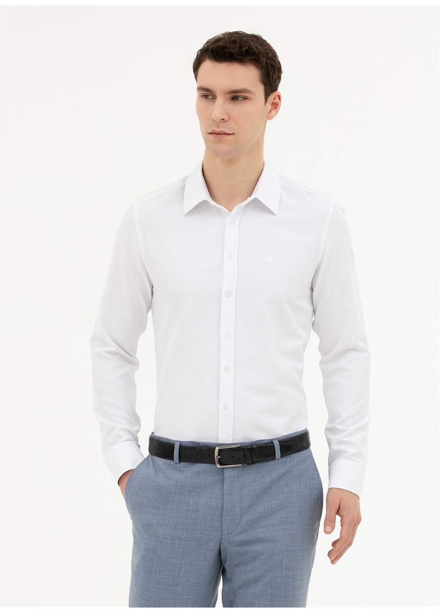 Pierre Cardin Slim Fit Klasik Yaka Armürlü Beyaz Erkek Gömlek TASMAN