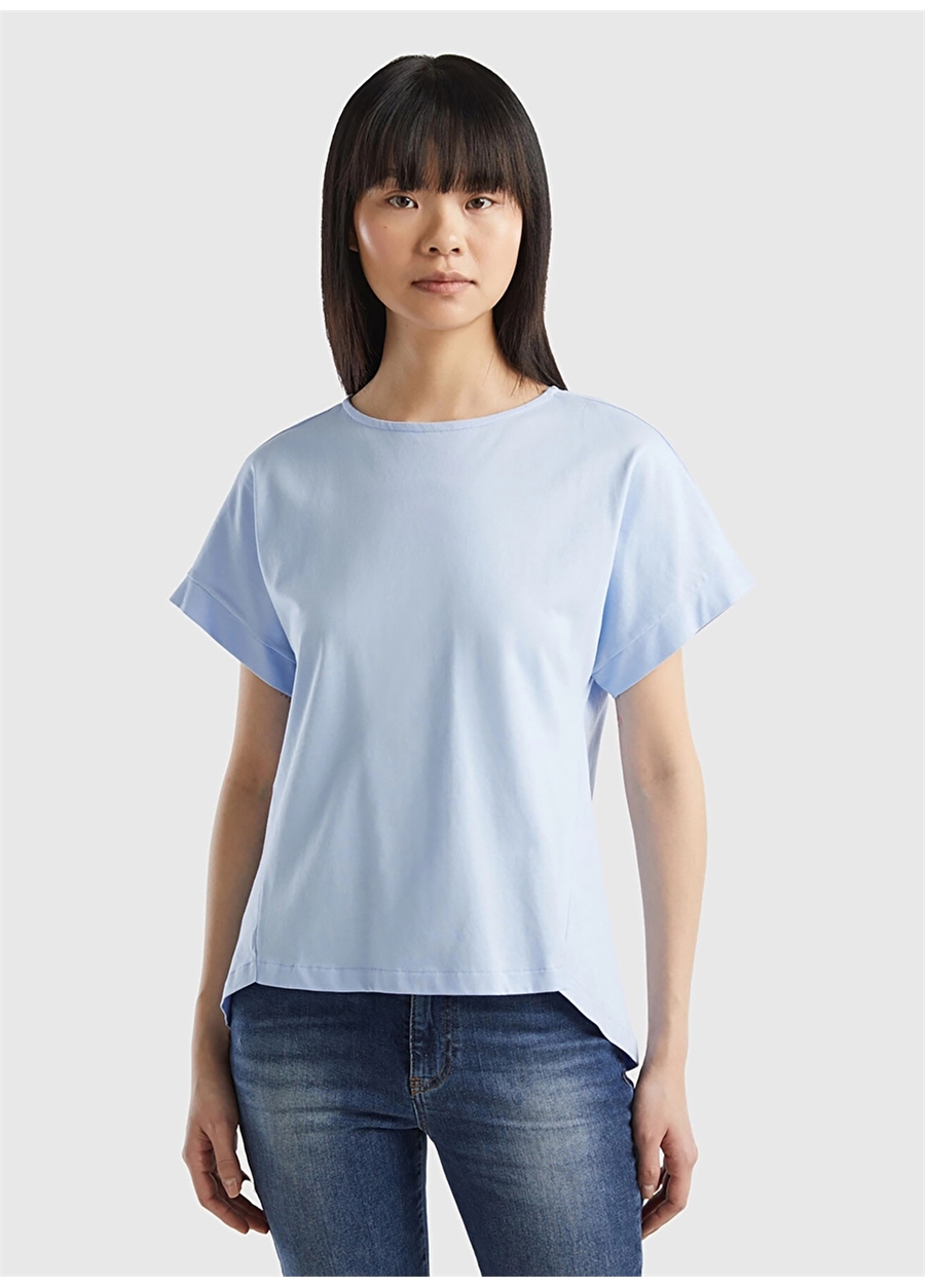Benetton Kayık Yaka Açık Mavi Kadın T-Shirt 3BL0D106P