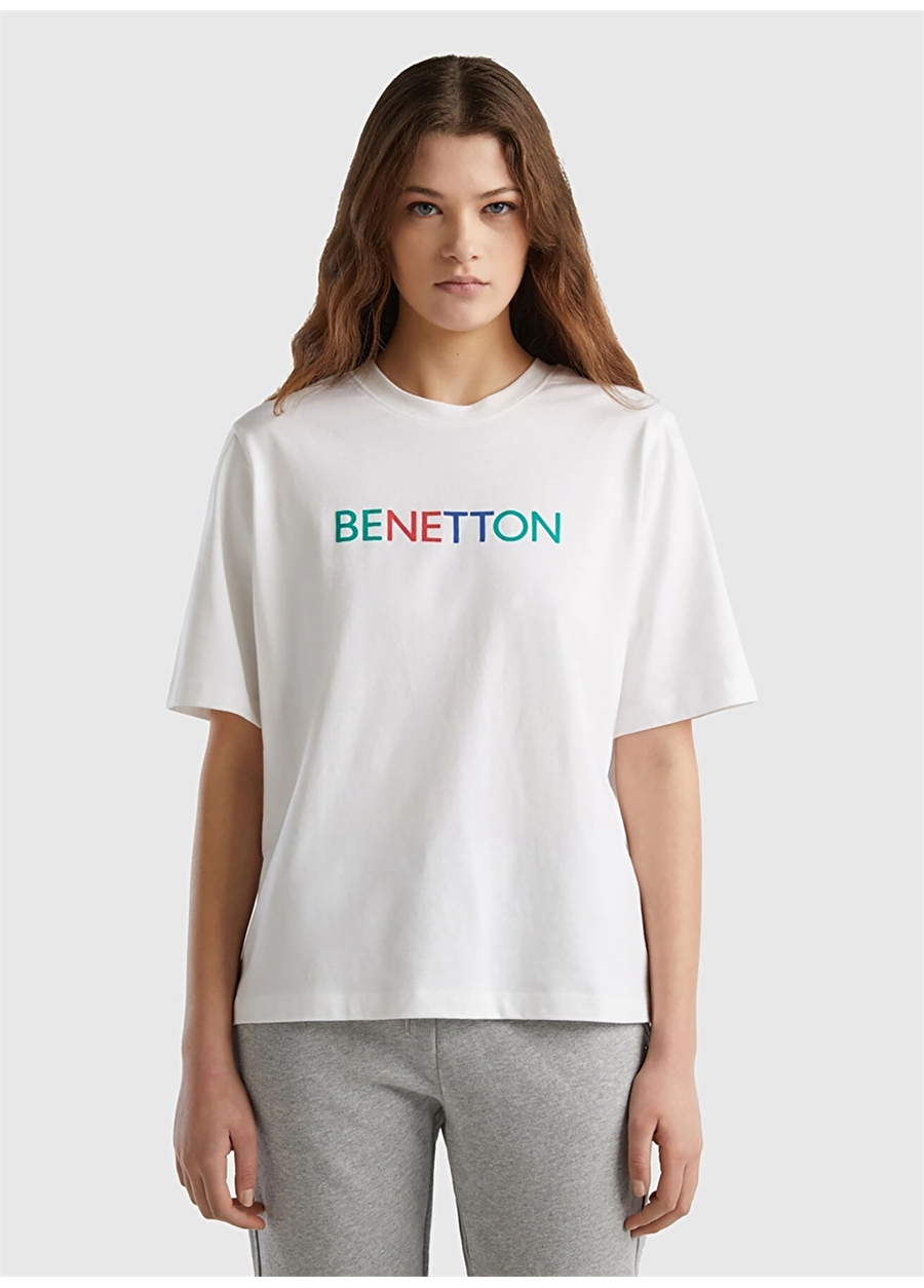 Benetton Bisiklet Yaka Beyaz Kadın T-Shirt 3BL0D1064