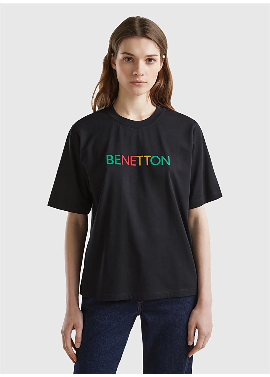 Benetton Bisiklet Yaka Siyah Kadın T-Shirt 3BL0D1064