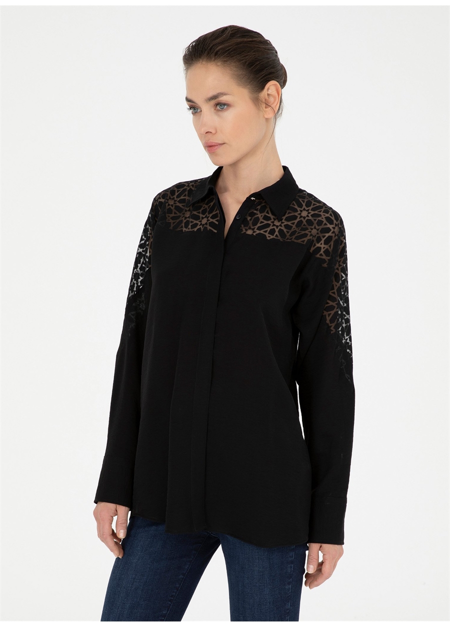 Pierre Cardin Comfort Fit Gömlek Yaka Siyah Kadın Gömlek FLATE