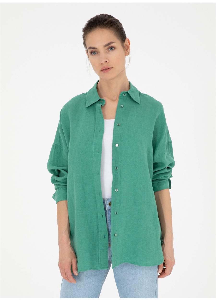 Pierre Cardin Oversized Gömlek Yaka Yeşil Kadın Gömlek KETO