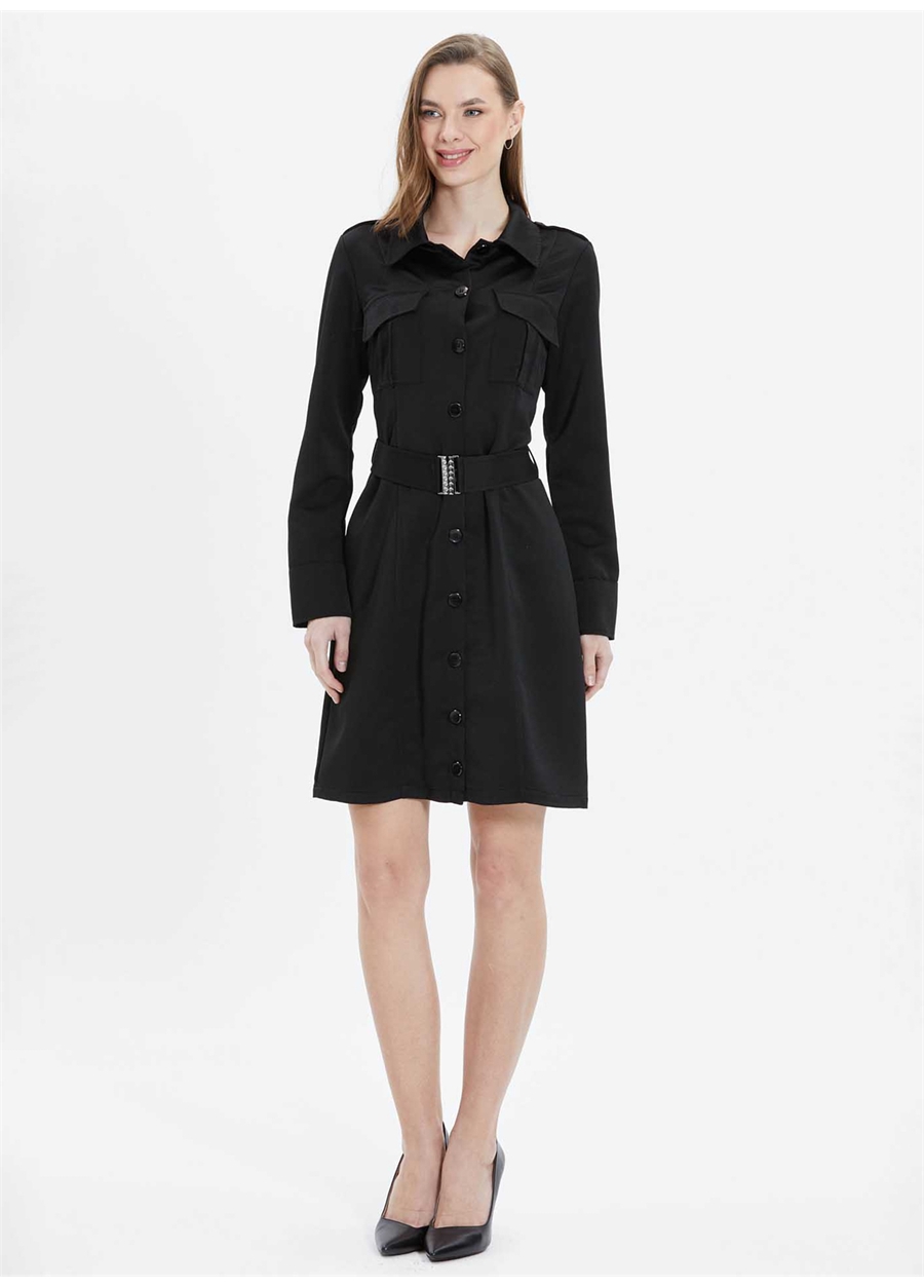 Selen Polo Yaka Düz Siyah Standart Kadın Elbise 24YSL7430
