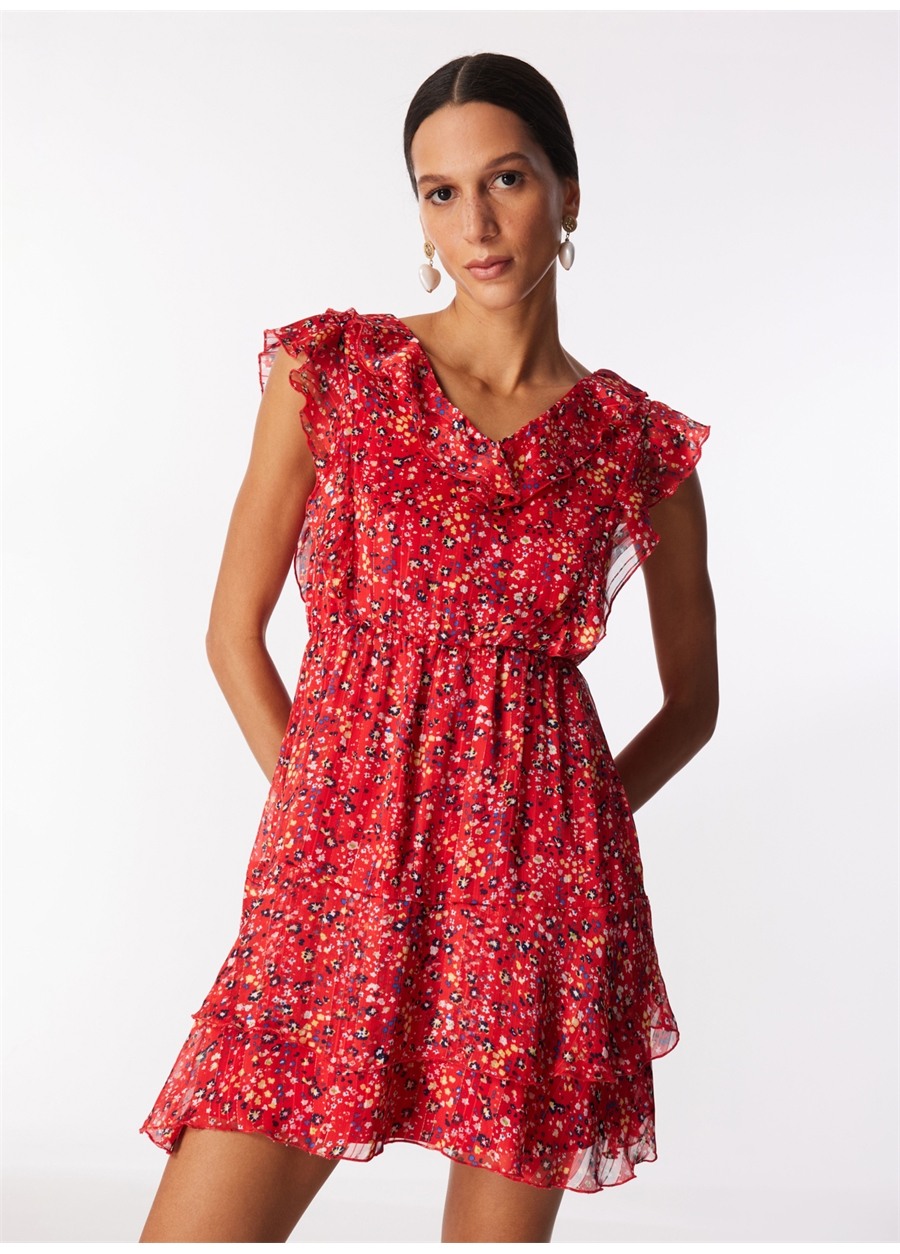 Selen V Yaka Çiçek Desenli Kırmızı Standart Kadın Elbise 24YSL7393