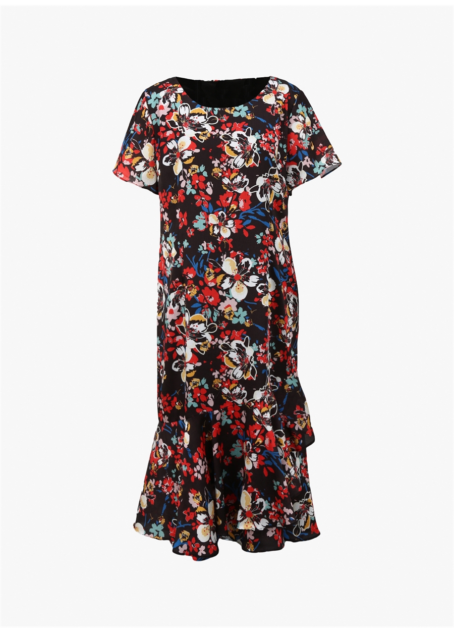 Selen O Yaka Çiçek Desenli Siyah Standart Kadın Elbise 24YSL7427-BB