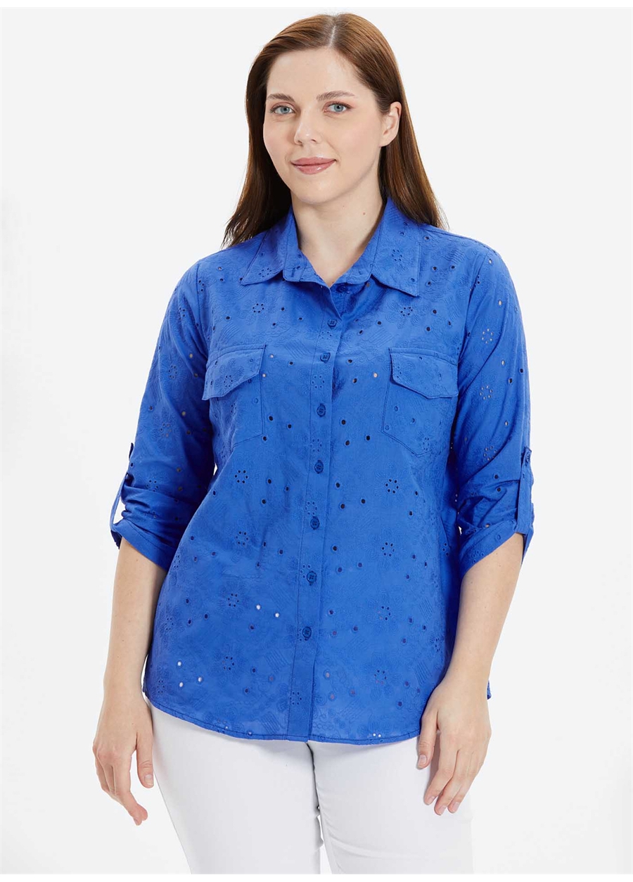 Selen Gömlek Yaka Desenli Mavi Kadın Bluz 24YSL8865-BB