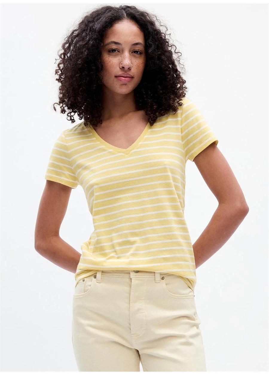 Gap V Yaka Düz Sarı Kadın T-Shirt 795745