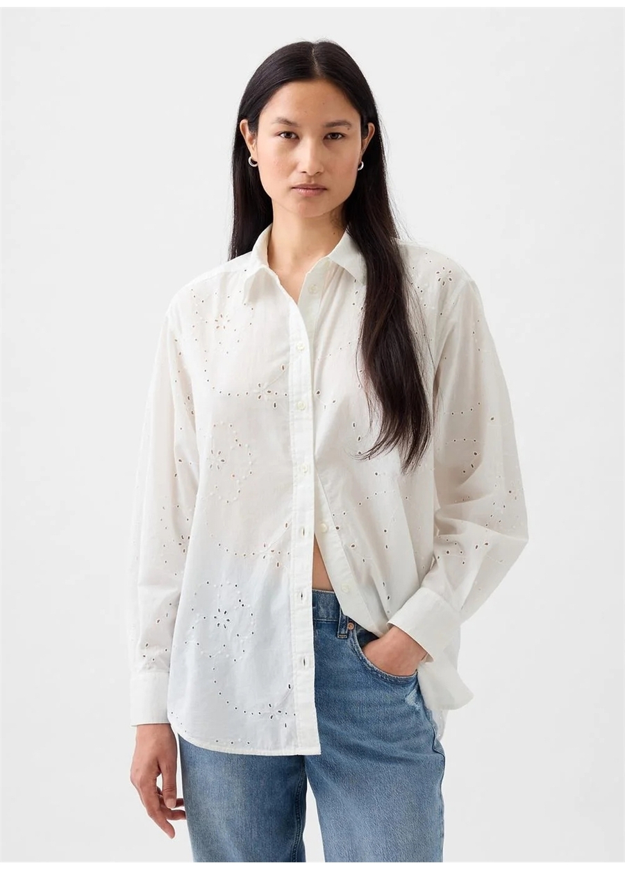Gap Normal Gömlek Yaka Düz Kırık Beyaz Kadın Gömlek 875979