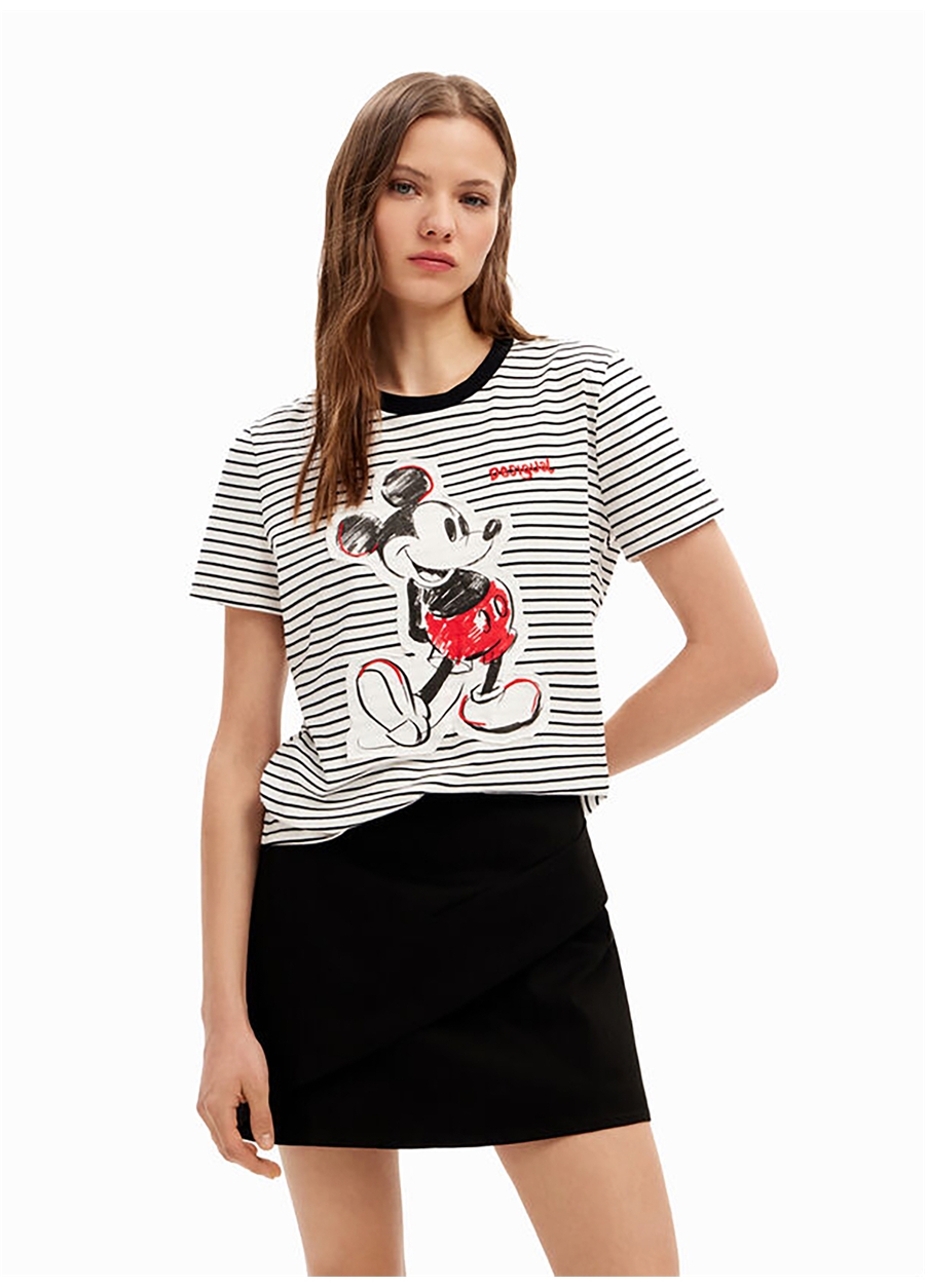 Desigual Mickey Mouse Baskılı Yuvarlak Yaka Beyaz Kadın T-Shirt 24SWTK77_1