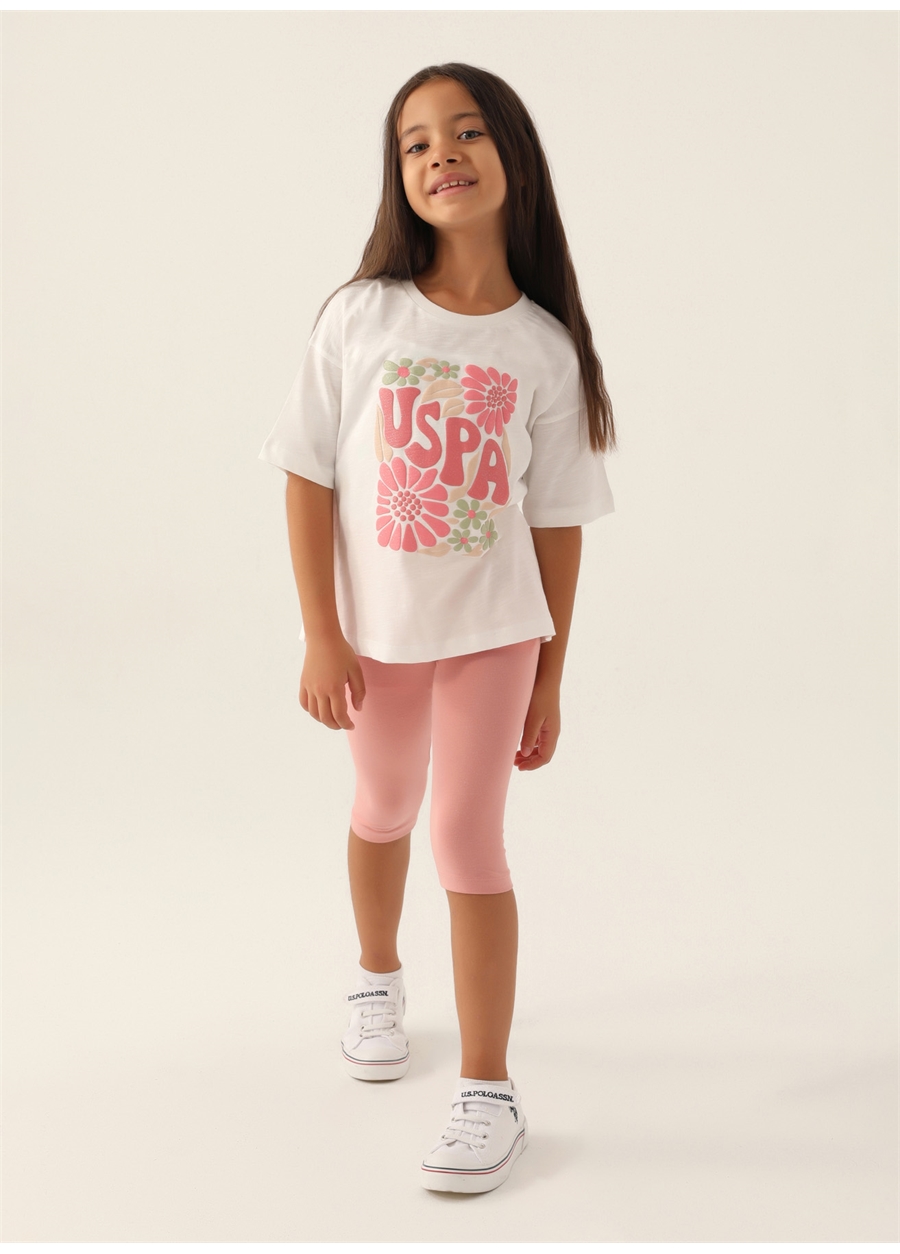 U.S. Polo Assn. Baskılı Ekru - Pembe - Ekru Kız Çocuk Pijama Takımı US1800_2